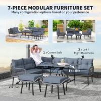 Outsunny 6 Piece Rattan Garden Furniture Set, 8 Seater Garden Corner Sofa with Cushions and Glass Top Table, Sectional Outdoor Furniture Conservatory Set for Patio, Charcoal Grey(m-4)