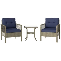 Outsunny 3 Pieces Rattan Bistro Set with Glass Top Coffee Table, Chairs and Cushions for Outdoor, Patio, Balcony, Charcoal Grey(m-1)