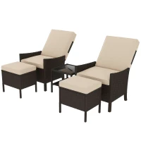 Outsunny 5 Piece Rattan Garden Furniture Set, Wicker Patio Sofa Set with 2 Armchairs, 2 Footstools, Glass Top Coffee Table with Shelf, Outdoor Furniture with Adjustable Backrests, Cushions, Khaki(m-11)
