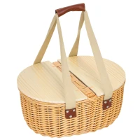Outsunny Wicker Picnic Basket for 2 with Pine Wood Lid, Picnic Hamper with Cooler Compartment, Cutlery Service Kits, Carry Handle for Camping, Outdoor, Valentine Day, Chirtmas, Birthday, Light Brown(m-1)