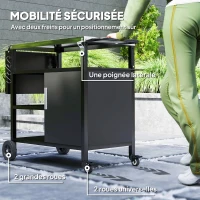 Outsunny Desserte jardin chariot de barbecue avec plateau en acier inoxydable tablette pliable, crochets, housse inclus,, noir(m-8)