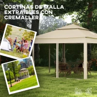 Outsunny Cenador de Jardín 3x3x2,7 m con Doble Techo Paredes Laterales Desmontables y Marco Metálico Crema(m-4)