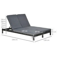 Outsunny Set Sezlong cu 2 locuri in PE Ratan cu Saltea captusita, Gri 195 x 120 x 28 cm(m-3)