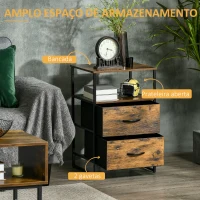 HOMCOM Mesa Auxiliar com 2 Gavetas Dobráveis Prateleira Aberta e Estrutura de Aço Mesa de Cabeceira 45x40x70,5 cm Castanho Rústico(m-4)