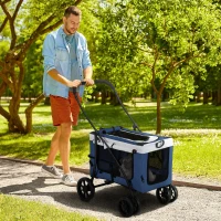 PawHut Cochecito para Perros Plegable con Vagón Desmontable 4 Puertas con Cremallera 2 Correas de Seguridad y Cojín Azul(m-2)