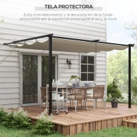 Outsunny Pérgola de Pared para Exterior con Techo Retráctil para Patio Terraza Jardín 390x290x220 cm Crema(m-5)
