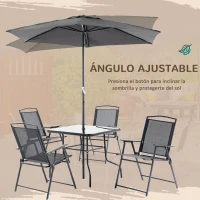 Outsunny Conjunto de Muebles de Jardín con 4 Sillas Plegables Mesa de Comedor de Vidrio y Sombrilla Inclinable Protección del Sol para Patio Terraza Exterior 80x80x70 cm Negro(m-6)