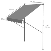 Outsunny Toldo Manual Retráctil 300x175x210-310 cm Ajustable con Manivela Protección Solar UV40+ para Balcón Terraza Gris(m-3)