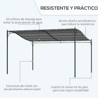 Outsunny  Cenador de Jardín 4x3 m Pérgola Montado en Pared con Toldo y 16 Orificios de Drenaje Marco de Metal y Poliéster 180 g/m² para Patio Terraza Gris(m-4)