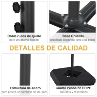 Outsunny Base para Sombrilla de Ø48 mm con 4 Pesos Rellenables de Agua o Arena de 60L Soporte de Sombrilla en Forma de Cruz con Tubo de Acero 80x80x56 cm Negro(m-5)