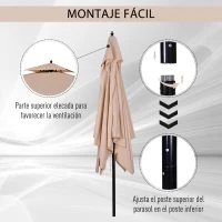 Outsunny Parasol de Jardín de Metal 3x3x3 m con Doble Techo Impermeable y Manivela para Terraza Balcón Exterior Beige(m-5)