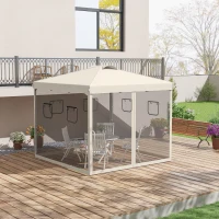 Outsunny Cenador de Jardín 3x3 m con Pared Lateral de Malla 6 Ventanas Altura Ajustable en 3 Niveles Protección Rayos UV30+ Beige(m-2)