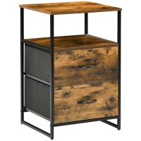 HOMCOM Mesa Auxiliar com 2 Gavetas Dobráveis Prateleira Aberta e Estrutura de Aço Mesa de Cabeceira 45x40x70,5 cm Castanho Rústico