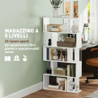 HOMCOM Libreria Asimmetrica a S a 5 Livelli con 10 Ripiani Aperti, in Legno, 80x24x159 cm, Bianco(m-5)