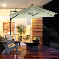 Outsunny Parasol de Terraza Manual Ø256x248 cm con Luces LED Solares Poste Giratorio 360° y Ventilación Superior Beige(m-2)