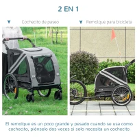 PawHut Remolque de Bicicleta para Perros 2 en 1 con Puertas Enrollables Cinturón de Seguridad Carga 30 kg 140x72,5x108 cm Gris(m-6)