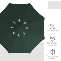Outsunny Parasol de Madera Ø325x250 cm con Sistema de Polea Techo de Ventilación y 8 Varillas de Bambú para Terraza Balcón Verde(m-5)
