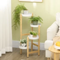 Outsunny Soporte para Plantas con Patas de Bambú y 4 Estantes Metálicos Redondos Carga 20 kg Ø28x80 cm Natural y Blanco(m-2)