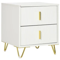 HOMCOM Mesa de Cabeceira com 2 Gavetas Mesa Auxiliar com Pés de Metal para Sala de Estar Dormitório 40x40x47 cm Branco e Dourado(m-1)