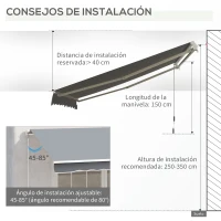 Outsunny Toldo Manual Retráctil 3x2,5 cm Toldo para Balcón con Manivela de Metal Impermeable y Anti-UV Toldo Enrollable de Exterior para Jardín Terraza Ventanas Gris(m-4)