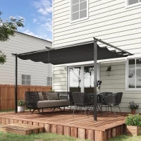 Outsunny Pérgola de Pared para Exterior con Techo Retráctil para Patio Terraza Jardín 390x290x220 cm Gris Oscuro(m-2)