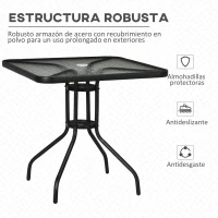 Outsunny Mesa de Jardín Cuadrada 76x76x72 cm con Agujero para Sombrilla y Encimera de Vidrio Templado para Patio Terraza Negro(m-6)