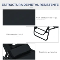 Outsunny Tumbona de Jardín con Respaldo Ajustable en 4 Niveles Almohada Marco de Acero y Orificio de Lectura 190x56x28 cm Negro(m-6)