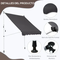 Outsunny Toldo Manual Retráctil 200x150x170-280 cm para Balcón y Terraza con Altura Ajustable con Manivela Gris(m-6)