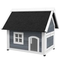 PawHut Casa para Gatos de Madeira com Telhado Asfáltico Rebatível Janela e Portas com Cortina 77x57,5x68 cm Cinzento e Preto(m-11)