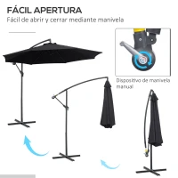 Outsunny Sombrilla de Jardín Ø295x250 cm Parasol Excéntrico Inclinable con Manivela Base Cruzada y Soporte de Metal 8 Varillas para Terraza Exterior Balcón Negro(m-4)
