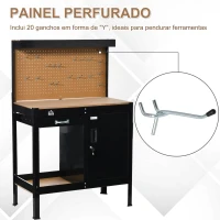 HOMCOM Bancada de Trabalho 98,5x48x140 cm Mesa de Trabalho com Painel Perfurado Gaveta Prateleira e Armário com Fechadura Preto(m-4)