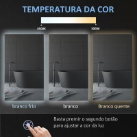 kleankin Espelho de Casa de Banho com Luz LED Anti-Embaciamento Interruptor Tátil 3 Luzes Ajustáveis e Função de Memória 90x60cm Prata(m-6)