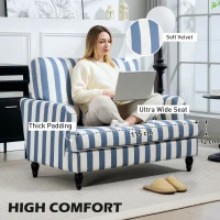 HOMCOM Modern Cuddle Chair, Velvet Single Sofa Armchair with Stripe, Turned Legs and Wide Seat, Upholstered Snuggle Chair for Living Room, Bedroom, Blue and White(m-5)