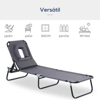 Outsunny Tumbona Plegable con Respaldo Regulable en 4 Posiciones Tumbona de Jardín con Almohada Marco de Acero y Tela Oxford para Camping Playa Terraza Carga 120 kg 190x56x28 cm Gris(m-8)