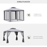 Outsunny Pabellón de Exterior 3x3 m con Doble Techo de Ventilación 4 Cortinas 8 Orificios de Drenaje Gris(m-4)