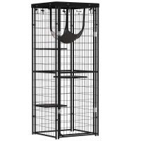 PawHut Gaiola para Gatos Recinto para Gatos com Cobertura Impermeável 3 Plataformas Rede  Almofadas e Porta para 1-2 Gatos 61,5x55x157 cm Preto(m-1)