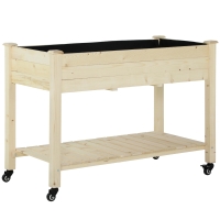Outsunny Huerto Urbano Mesa de Cultivo 118x55x83 cm Elevado de Madera con Estante Tela Geotextil Ruedas con Frenos Portátil para Cultivo en Jardín Terraza Color Natural