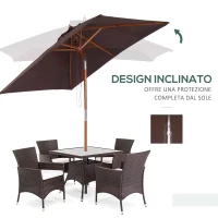 Outsunny Ombrellone Rettangolare Inclinabile 2x1.5 m con 6 Stecche e Apertura a Corda, in Bambù e Poliestere Caffè(m-4)