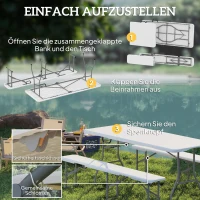 Outsunny 3-teiliges Picknicktisch-Set, 1 Tisch, 2 Bänke, Faltbarer Campingtisch mit Tragegriffen, Kunststoff, Metall, Weiß(m-6)
