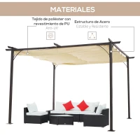 Outsunny Pérgola de Metal 350x350 cm Gazebo Cenador para Jardín Patio o Terraza con Techo Retráctil Tela Poliéster Anti UV Beige(m-4)