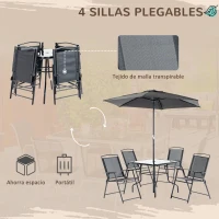 Outsunny Conjunto de Muebles de Jardín con 4 Sillas Plegables Mesa de Comedor de Vidrio y Sombrilla Inclinable Protección del Sol para Patio Terraza Exterior 80x80x70 cm Negro(m-5)
