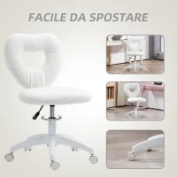 HOMCOM Sedia da Ufficio Imbottita con Schienale a Cuore e Rotelle, in Velluto Teddy e Plastica, 45x56x78-88 cm, Bianco(m-6)