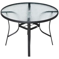 Outsunny Mesa de Cristal de Jardín con Agujero para Sombrilla Mesa para Comer Redonda con Marco de Acero para Exterior Terraza Balcón  Ø106,5x71 cm Negro(m-10)