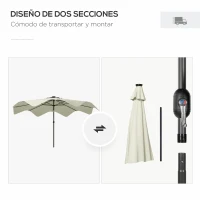 Outsunny Sombrilla de Jardín Manual Ø292x248 cm con 32 Luces LED Solares 8 Varillas Impermeable y Rejillas de Ventilación Crema(m-8)