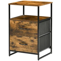 HOMCOM Mesa Auxiliar com 2 Gavetas Dobráveis Prateleira Aberta e Estrutura de Aço Mesa de Cabeceira 45x40x70,5 cm Castanho Rústico(m-11)