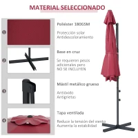 Outsunny Sombrilla de Jardín Ajustable Ø294x242 cm con Poste Giratorio 360° Ángulo de Techo Ajustable y Ventilación Rojo Vino(m-4)
