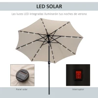 Outsunny Parasol de Terraza Ø268x238 cm con 24 Luces LED Solar Mecanismo de Inclinación Manivela y Poste Desmontable Crema(m-4)