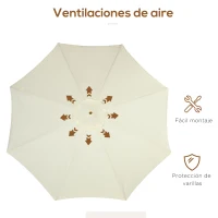 Outsunny Parasol de Madera Ø325x250 cm con Sistema de Polea Techo de Ventilación y 8 Varillas de Bambú para Terraza Balcón Crema(m-7)