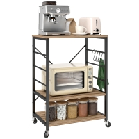 HOMCOM Scaffale da Cucina a 3 Livelli Stile Industriale con Ruote e 4 Ganci, Struttura in Acciaio, 60x40x84 cm, Teak