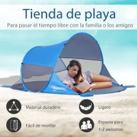 Outsunny Carpa de Playa Automático para 1-2 Personas con 1 Puerta 2 Ventanas y Bolsa de Transporte 200x120x90 cm Azul(m-4)